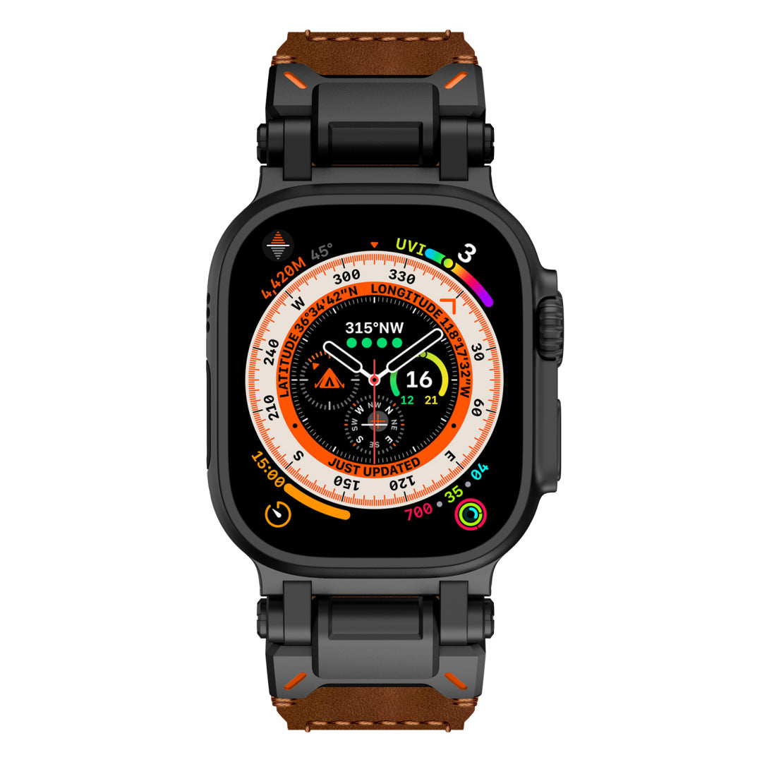 Leather Tactical Band for Apple Watch Ultra – 26mm Wide, Mecha-Style Connectors, Adventure-Ready