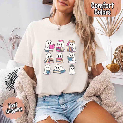 Ghost Reading Comfort Colors Shirt – Spooky Book Lover Halloween Tee